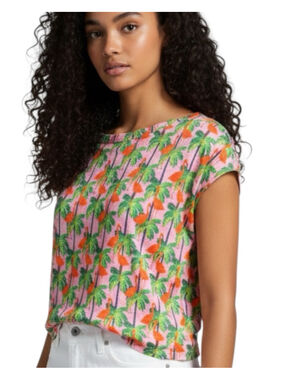 Bouffants & Broken Hearts Flamingo Palm Print Linen Top, M, Kendra Dandy Art